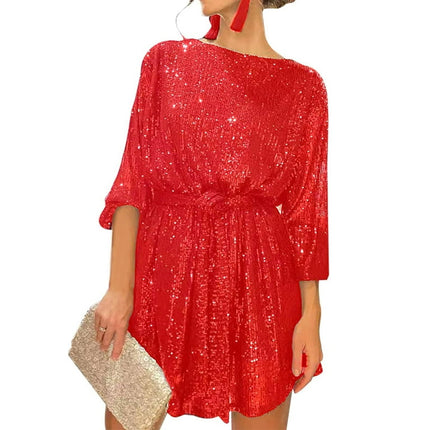 Sunisery Women's Sequin Party Dress Sparkle Long Sleeve Crew Neck Short Cocktail Dress