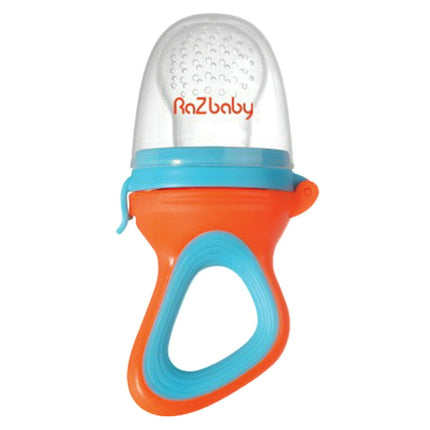 RaZbaby Fruit Feeder/Teether 6m+, Add Frozen Fruit or Fresh Food | Silicone Pouch | BPA Free | Orange