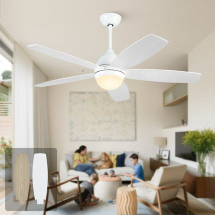 52 inch White Downrod Ceiling Fan with Lights and Remote, Three Color Light,Bicolor Blades