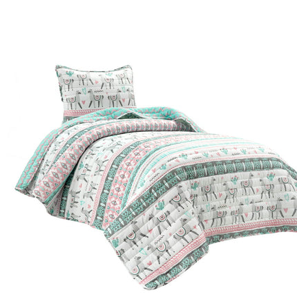 Lush Decor 100% Polyester Boho Llama Reversible Oversized Quilt Pink/Aqua 2Pc Set Twin
