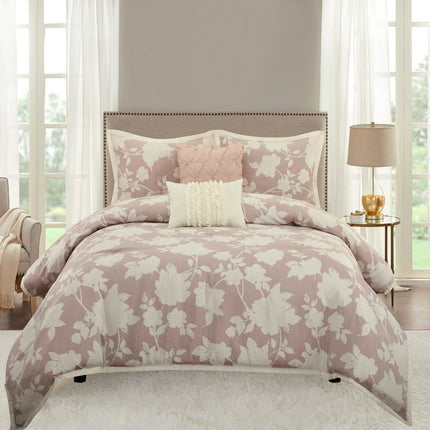 Lanco Floral Print 5 Piece Comforter Set, Blush, Queen, Floral, 100% Polyester & Fill