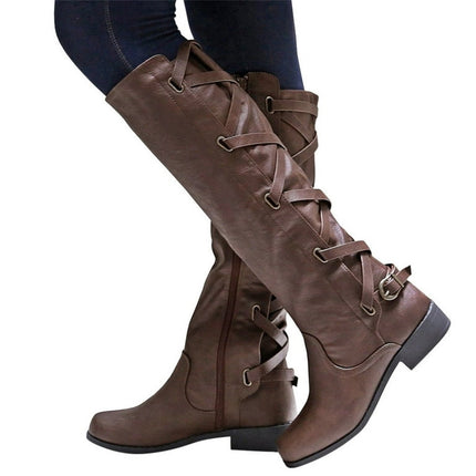 Juebong Christmas Deals Women's Boots Belt Buckle Boots Back Lace-Up Rider Boots Flat Over Knee Leather Boots Women,8.5, Coffee