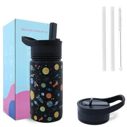 LOCHAS Kids Vacuum Stainless Steel Water Bottle for Toddlers Girls Boys Outdoor Cup,Insulated Water Bottle with Straw 2 Lids,14oz,Planet Print