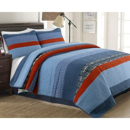 Cozy Line Home Fashions Sailor Navy Red Stripe Denim Cotton Reversible Quilt Set