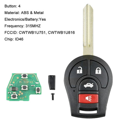 4 Button Key Fob for 2012-2016 Nissan Sentra Versa, Keyless Entry Remote Replacement Compatible with FCC ID CWTWB1U751 CWTWB1U816 315MHZ