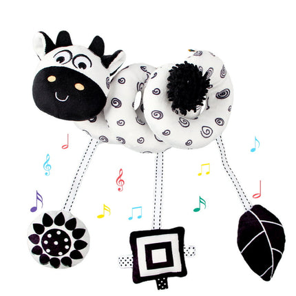 AIPINQI Baby Car Seat Toy, Black and White High Contrast Stroller Plush Rattles Toy, Cow