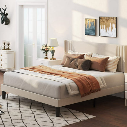 Aiho Full Bed Frame with Wingback Headboard, Beige