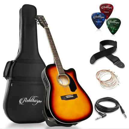 Ashthorpe Full-Size Cutaway Thinline Acoustic-Electric Guitar Package Premium Tonewoods, Sunburst