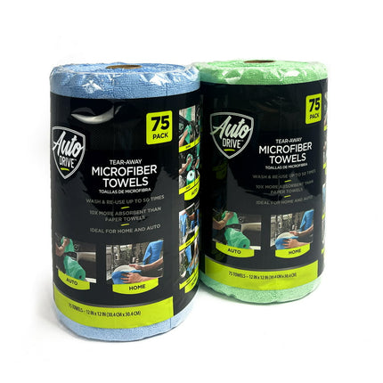 Auto Drive Tear Away Multi-Purpose Microfiber Towels on a Roll, Cleaning 75 Pack