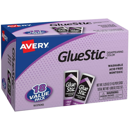 Avery Glue Stick, Disappearing Purple Color, 0.26 oz., Washable, Nontoxic, 18 Permanent Glue Sticks (98079)