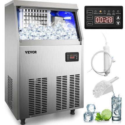 BENTISM 110V Commercial Ice Maker 120-130lbs/24H with 33lbs Bin, Full Heavy Duty Stainless Steel Construction, Automatic Operation