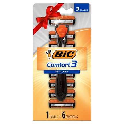 BIC Comfort 3 Hybrid Men's Disposable Razor, Sensitive Skin Razor, 1 Black Handle and 6 Cartridges