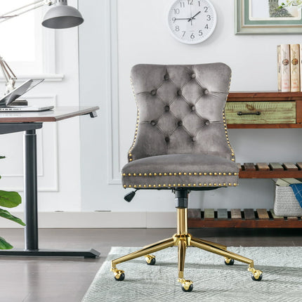 BTMWAY Office Chair, New Upgraded Velvet Upholstered Tufted Button Home Office Chair with Golden Metal Base, 360° Swivel Task Chair Adjustable Desk Chair, Accent Chair, Adjustable Height, Gray