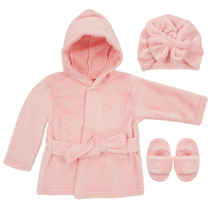 Baby Robe - Soft Plush Bath Towel Robe Spa Set - Baby Bathrobe Towel & Slippers for Boys + Turban for Girls Robe Set (Pink, 0-9 Months)