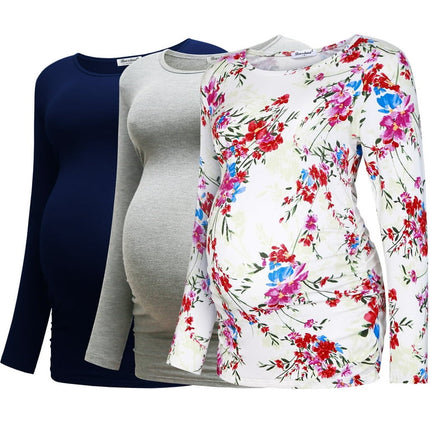 Bearsland Women's Long Sleeve Maternity Tops Casual Side Ruched Clothes Pregnancy Shirts 3-Pack,E-L