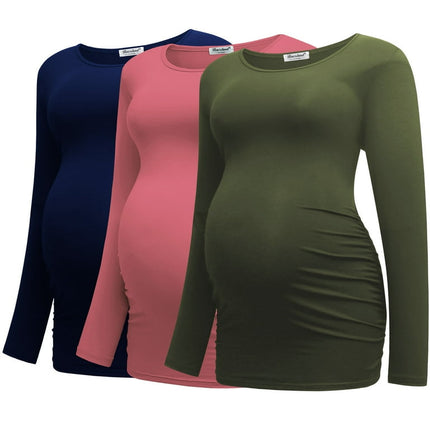 Bearsland Women's Long Sleeve Maternity Tops Casual Side Ruched Clothes Pregnancy Shirts 3-Pack,G-XXL