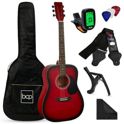 Best Choice Products 41in Full Size All-Wood Acoustic Guitar Starter Kit w/Gig Bag, E-Tuner, Pick, Strap - Red Burst