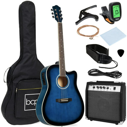 Best Choice Products Beginner Acoustic Electric Guitar Starter Set 41in w/ All Wood Cutaway Design, Case - Blue