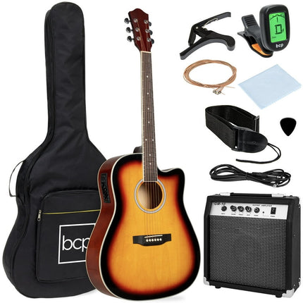 Best Choice Products Beginner Acoustic Electric Guitar Starter Set 41in w/ All Wood Cutaway Design, Case - Sunburst