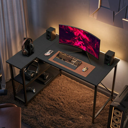 Bestier 47 inch Corner L-Shaped Gaming Desk with Storage Shelves Home Office Desk Carbon Fiber