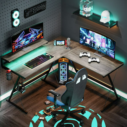 Bestier 55 inch L-Shaped Gaming Computer Desk with Monitor Stand Home Office Corner Desk Grey