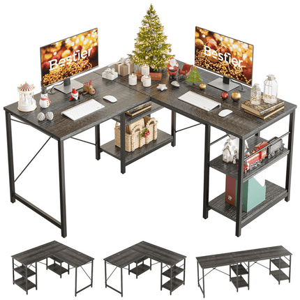 Bestier 86.6 inch Reversible L Shaped Desk with Shelves Charcoal