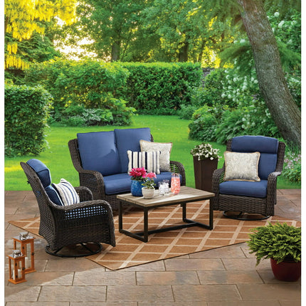 Better Homes & Gardens Ravenbrooke 4-Piece Outdoor Wicker Swivel Chair Conversation Set, Blue