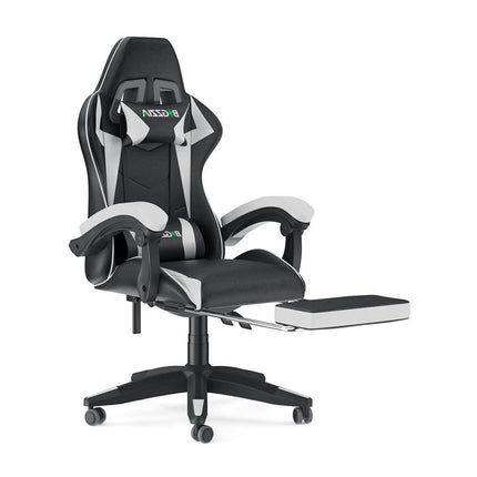 Bigzzia Gaming Chair with Footrest, Ergonomic Game Chair with Lumbar Support & Headrest, Height Adjustable with 360°Swivel Wheels, White