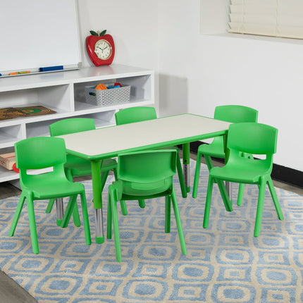 BizChair 23.625''W x 47.25''L Rectangular Green Plastic Height Adjustable Activity Table Set with 6 Chairs