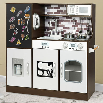 COCLUB Play Kitchen, Wooden Kids Kitchen Playset with Chalkboard, Ice Maker, Play Phone, Cookware Accessories, Microwave Toy Kitchen Gift for Boys Girls Age 3-8 Espresso