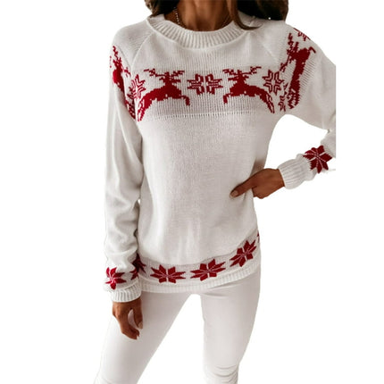 Canis Women's Christmas Round Neck Turtleneck Sweaters, Long Sleeve Elk Snowflake Print Loose Knit Tops