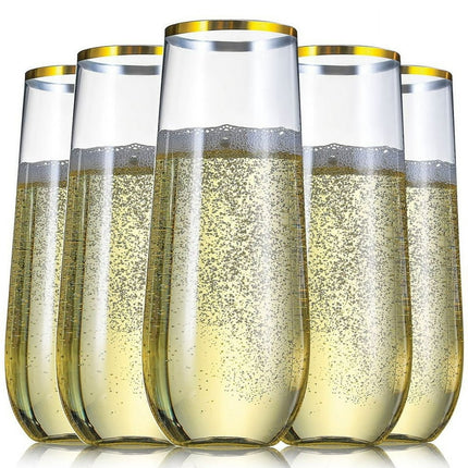 Chateau Glasses 36 Pack Plastic Stemless Champagne Flutes, 9 oz Clear Drinking & Toasting Glass with Elegant Gold Rim, Disposable Drinkware