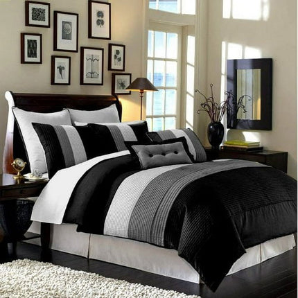Chezmoi Collection Luxury Pleated Striped Comforter Set, Full, Black/White/Gray, 8-Piece