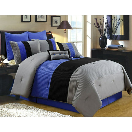 Chezmoi Collection Luxury Pleated Striped Comforter Set, Queen, Gray/Blue/Black, 8-Piece