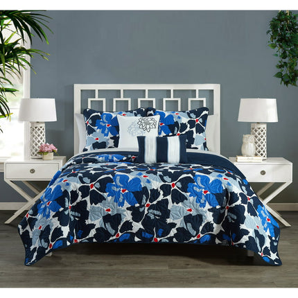 Chic Home Astra 5 Piece Quilt Set Contemporary Floral Design Bedding - Decorative Pillows Shams Included, King, Blue