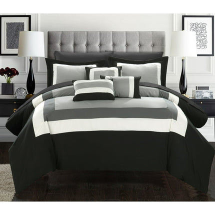 Chic Home Darren 10-Piece Color Block Bed in a Bag Comforter Set, Queen, Black