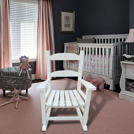 Children's Wooden Rocking Chair, High Back Reclining Rocker for Patio, Porch, Garden and Living Room, Child's Porch Rocker, Weight Capacity 110 LBS, 16.26"LX19.69"WX23.43"H, White