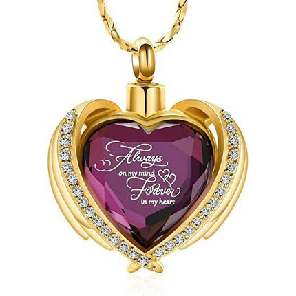 Cremation Jewelry Angel Wing Heart Urn Pendant Necklaces for Women Crystal Birthstone Urns for Human Ashes Memorial Locket Keepsake Ashes Jewelry