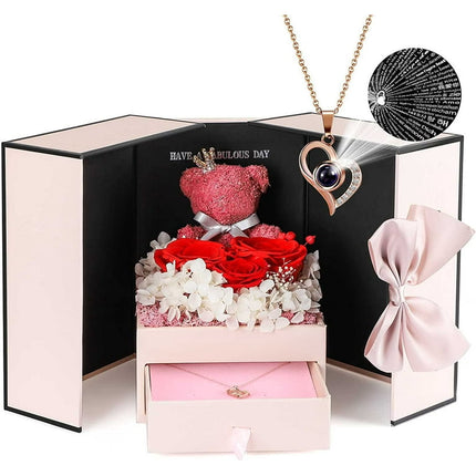 Cute Preserved Red Rose Moss Bear Gifts with Heart-Shaped I Love You Necklace 100 Languages for Mom Grandma Wife Girlfriend, Valentines Day Anniversary Birthday Gifts from Daughter Son Husband