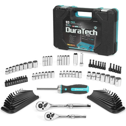 DURATECH 93 Piece Mechanics Tool Set, SAE/ Metric Drive Socket Set(1/4 Inch and 3/8 Inch) with Ratchet Handle Spark Plug Magnetic Bit Driver and Tool Accessories Set