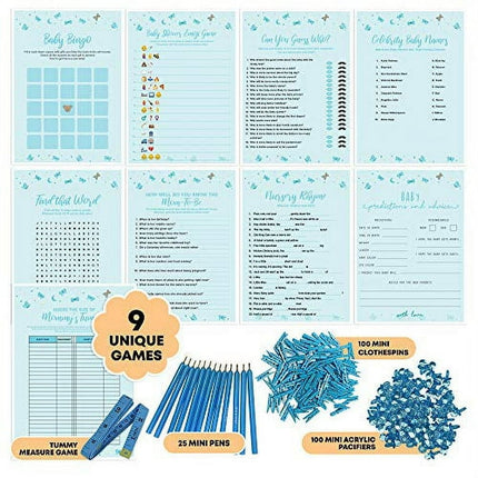 Dessie Baby Shower Games for Boys - Ultimate Boy Baby Shower Set | Includes 9 Unique Games, 25 Pens and Baby Boy Shower Decorations (100 Mini Clothespins +100 Mini Acrylic Pacifiers)