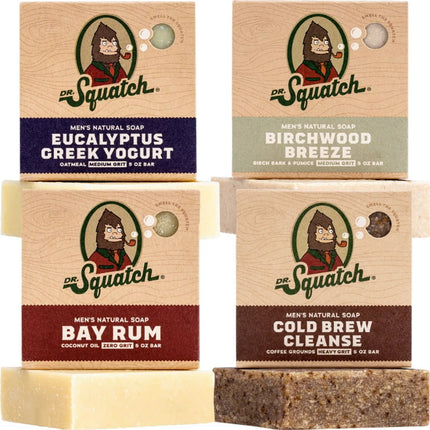Dr. Squatch Men's Soap Variety 4 Pack - Men's Natural Bar Soap - Cold Brew Cleanse, Birchwood Breeze, Bay Rum, Eucalyptus Greek Yogurt