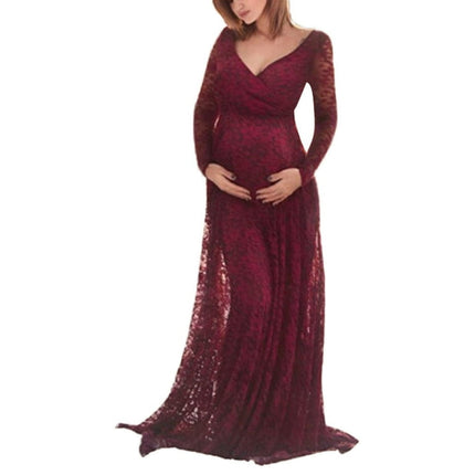DxhmoneyHX Women Maternity Photography Floral Lace Dress Pregnancy Gown for Baby Shower Photo Shoot V Neck Long Sleeve Extra Long Dresses