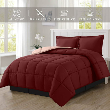 Elegant Comfort - NEW - 3-Piece Reversible Comforter Set, All Season Suitable, Box-Stitched Down Alternative, King/California King, Burgundy/Dusty