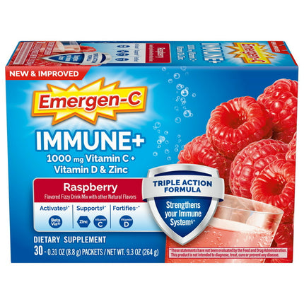 Emergen-C Immune+ Triple Action Immune Support Powder, Betavia (R), 1000Mg Vitamin C, B Vitamins, Vitamin D and Antioxidants, Raspberry – 30 Count