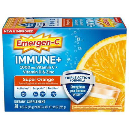 Emergen-C Immune+ Triple Action Immune Support Powder, Betavia (R), 1000Mg Vitamin C, BVitamins, Vitamin D and Antioxidants, Super Orange – 30 Count