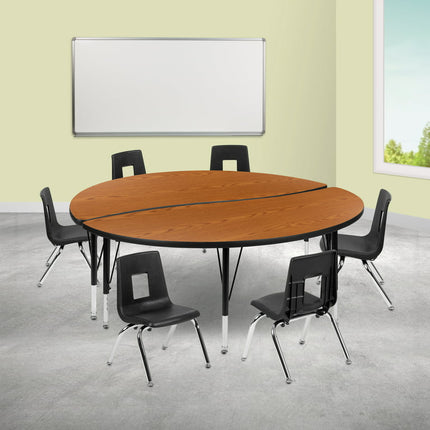 Emma + Oliver 60" Circle Wave Activity Table Set with 12" Student Stack Chairs, Oak/Black