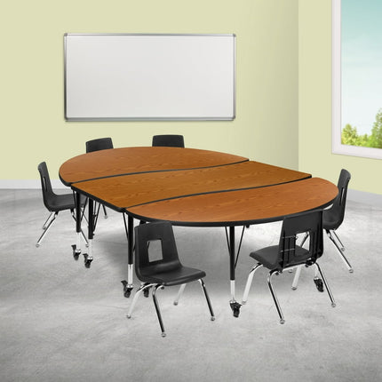 Emma + Oliver Mobile 86" Oval Wave Activity Table Set-12" Student Stack Chairs, Oak/Black