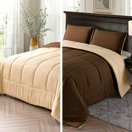 Exclusivo Mezcla Lightweight Reversible 3-Piece Comforter Set All Seasons, Down Alternative Comforter with 2 Pillow Shams, Queen Size, Brown/ Khaki