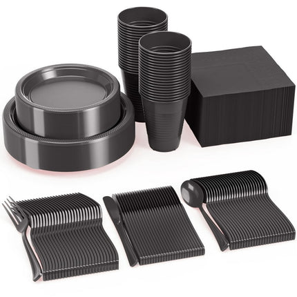 Exquisite 350 Piece Solid Color Disposable Plastic Party Tableware Combo Set - Black